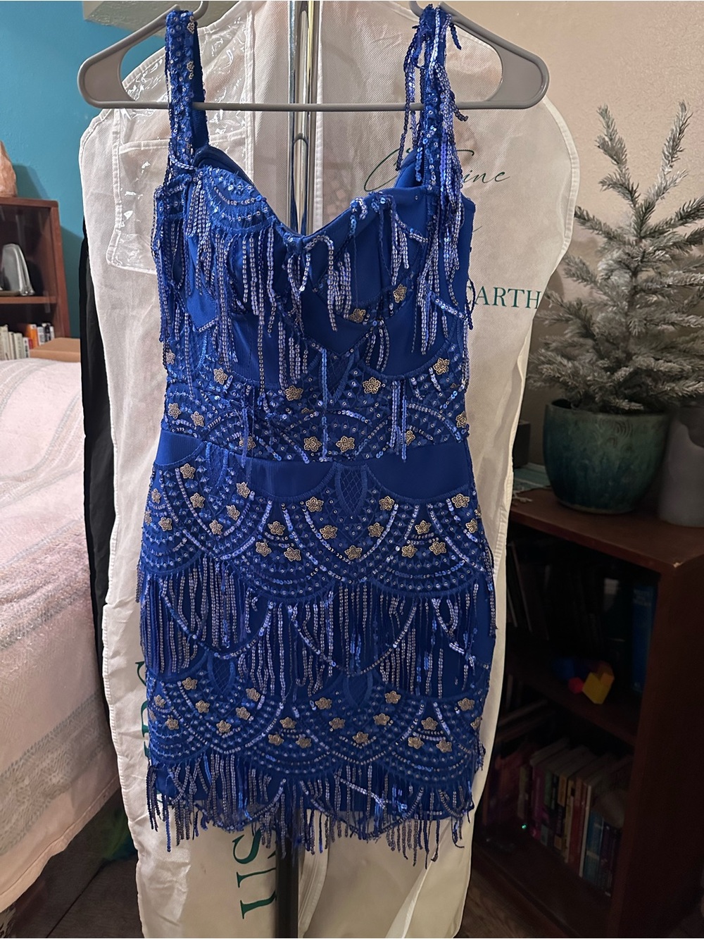 Embellished Royal Blue Fringe Mini Dress